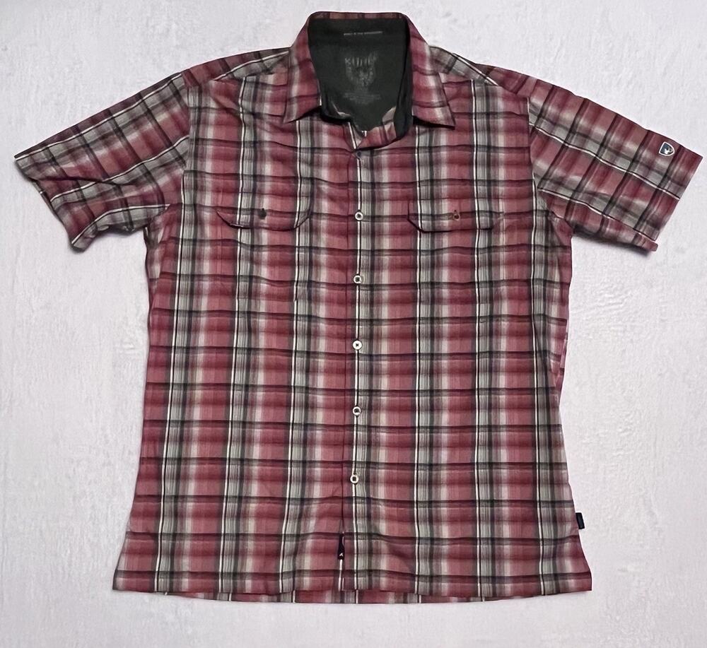 Kuhl Red Grey Plaid Short Sleeve Button Up Shirt Mens Large Outdoors